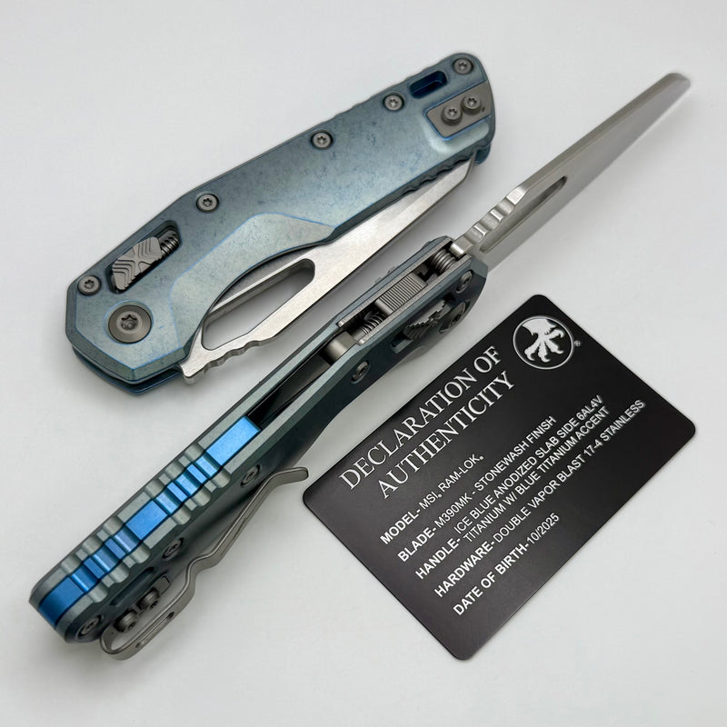 Microtech Marfione Select MSI RAM LOK Ice Blue Titanium Handles w/ Purple Accents & Stonewash M390MK 210-10MS6