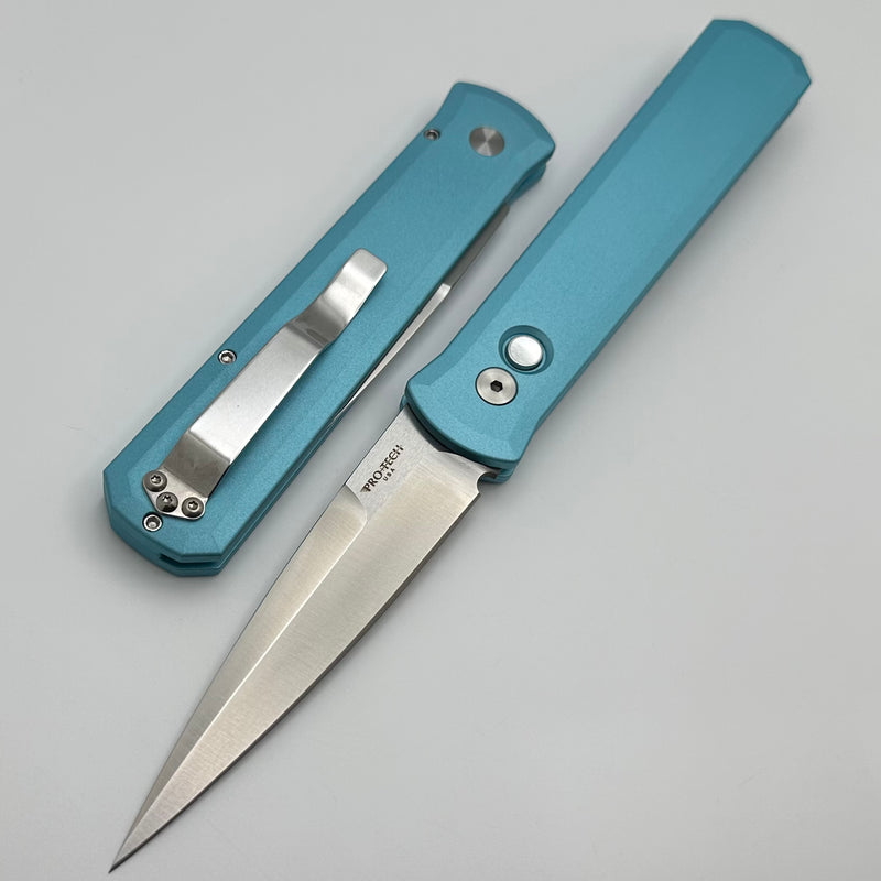 Pro-Tech Godfather Tiffany Blue Handle w/ Pearl Button & Satin 154-CM Blade 921-LTD T.Blue