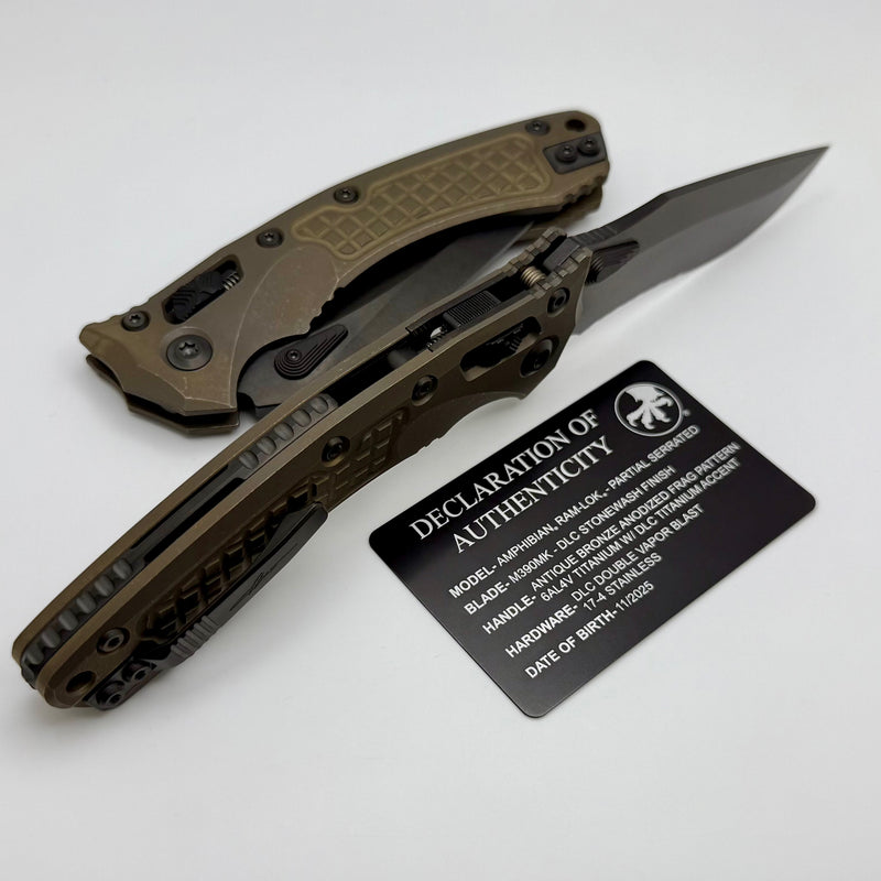 Microtech Marfione Select Amphibian RAM LOK Antique Bronze Frag Titanium Handles & DLC Serrated M390MK & DLC Accents 137RL-2DLCTFRMS1