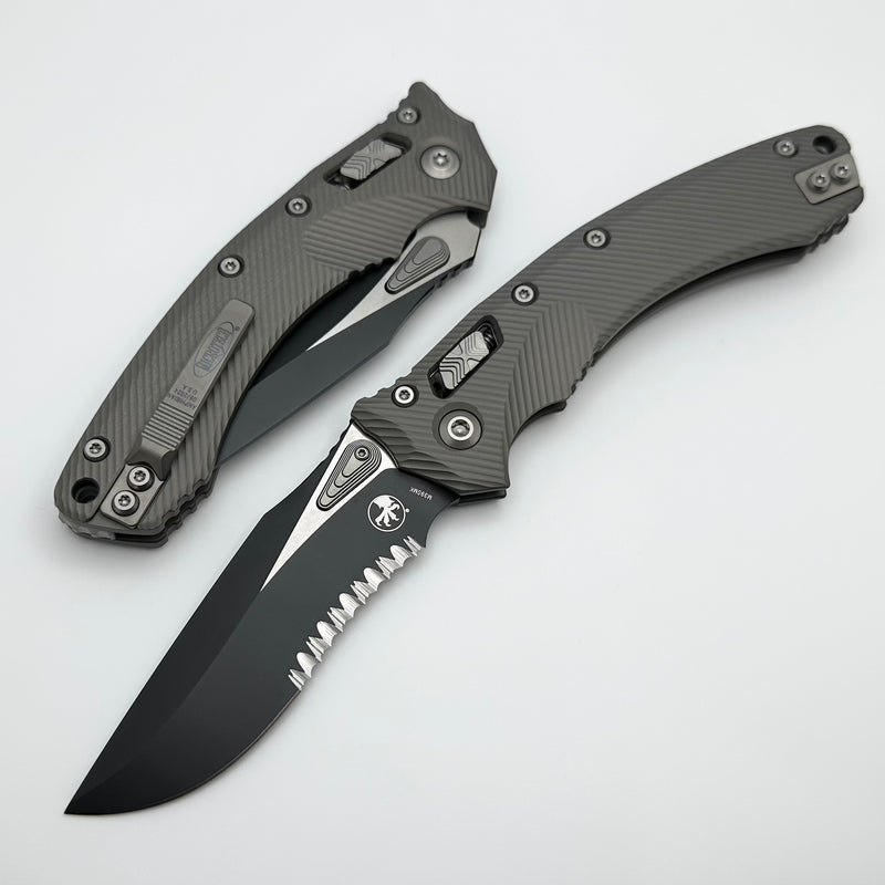 Microtech Amphibian RAM LOK Natural Clear Fluted Aluminum & Black Partial Serrated M390MK 137RL-2FLNC