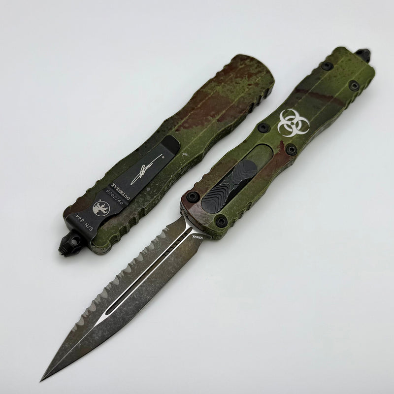 Microtech Dirac Delta D/E Full Serrated Outbreak Deep Engraved Signature Series 227-3OBDS