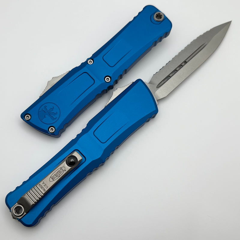 Microtech Knives Combat Troodon Gen III Stonewash Full Serrated Double Edge w/ Blue Handle 1142-12BL