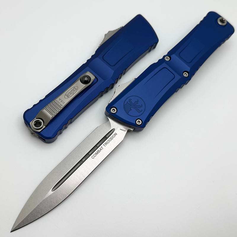 Microtech Knives Combat Troodon Gen III Stonewash Double Edge w/ Navy Blue Handle 1142-10NA