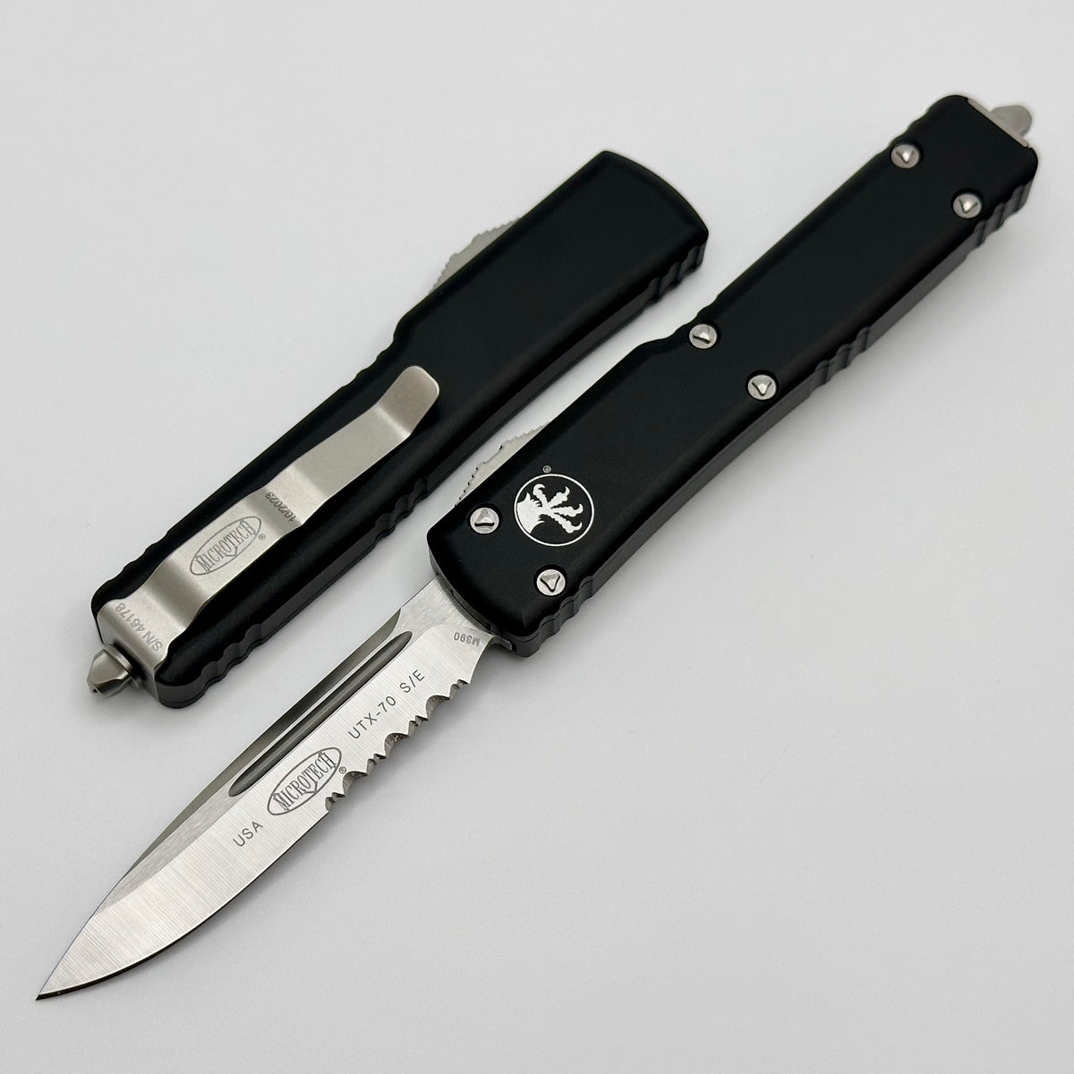 Microtech UTX-70 Single Edge Partial Serrated Satin Standard & Black 1