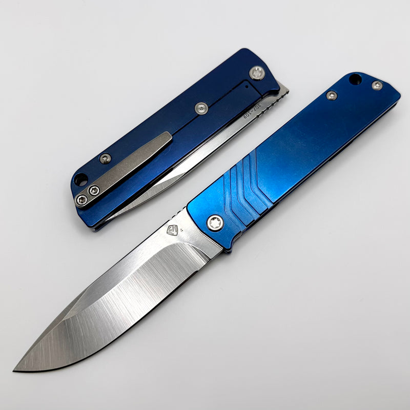 Medford Antik Front Flipper Tumbled S45 Drop Point & Blue Tumbled Titanium Handles