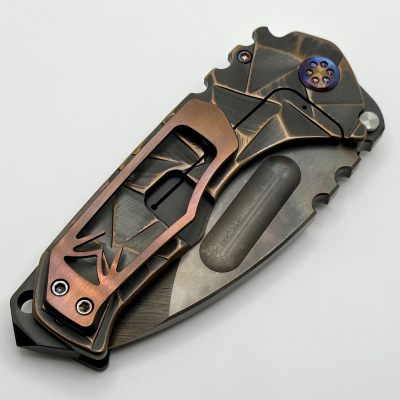 Medford Knife Praetorian TI 3V Vulcan Drop Point & Black/CuRose Stained Glass Sculpting w/ Flamed Hardware/Clip