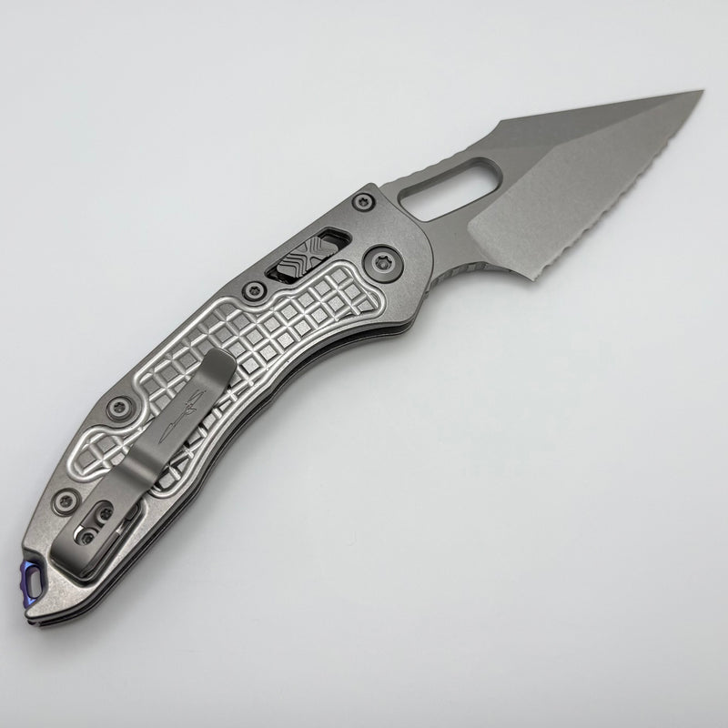 Microtech Marfione Select Manual Stitch RAM LOK Titanium Frag Handles & Full Serrated Stonewash M390MK w/ Double Vapor Blast & Purple Accents 169RL-12FRMS3