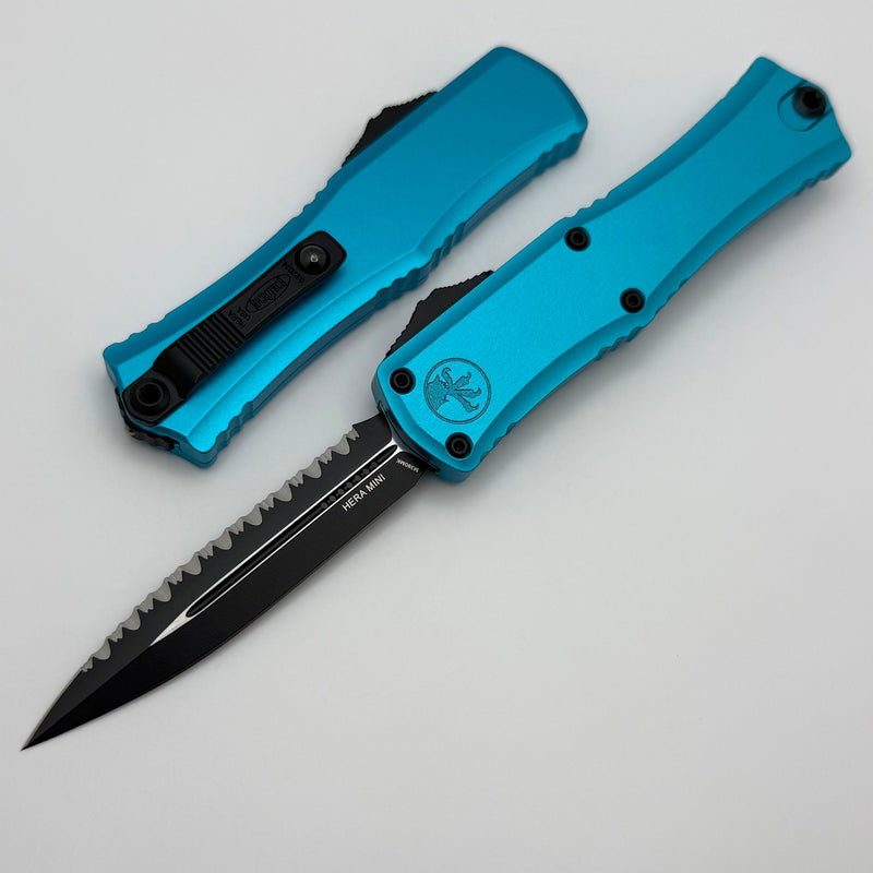 Microtech Knives Mini Hera Black Full Serrated D/E M390MK w/ Turquoise Handle 1702M-3TQ