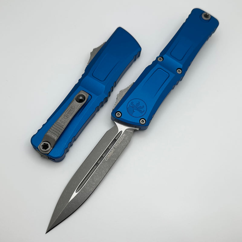 Microtech Knives Combat Troodon Gen III Apocalyptic Double Edge w/ Blue Handle 1142-10APBL