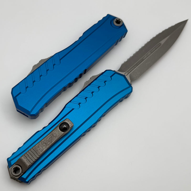Microtech Cypher II D/E Full Serrated Apocalyptic w/ Blue Handle 1242-12APBL