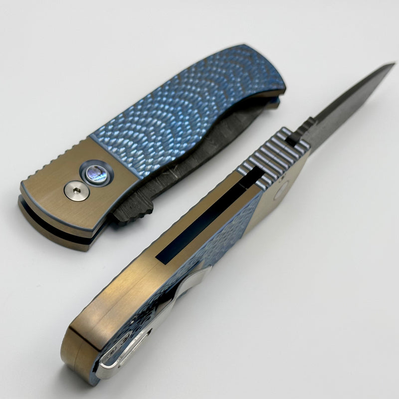 Pro-Tech Emerson CQC7 Jigged Titanium Blue/Bronze Handle w/ Abalone Button & Damascus Chisel Tanto Blade 2023 Emerson 001
