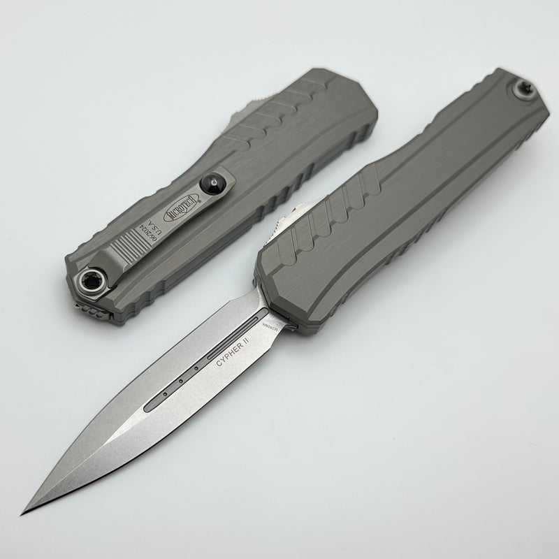 Microtech Cypher II D/E Stonewash w/ Natural Clear Handle 1242-10NC