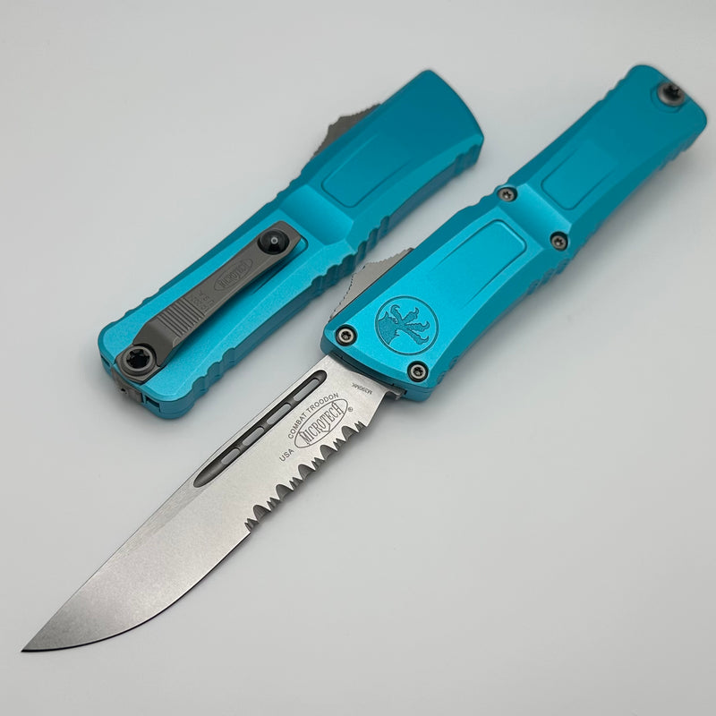 Microtech Knives Combat Troodon Gen III Stonewash Partial Serrated Single Edge w/ Turquoise Handle 1143-11TQ