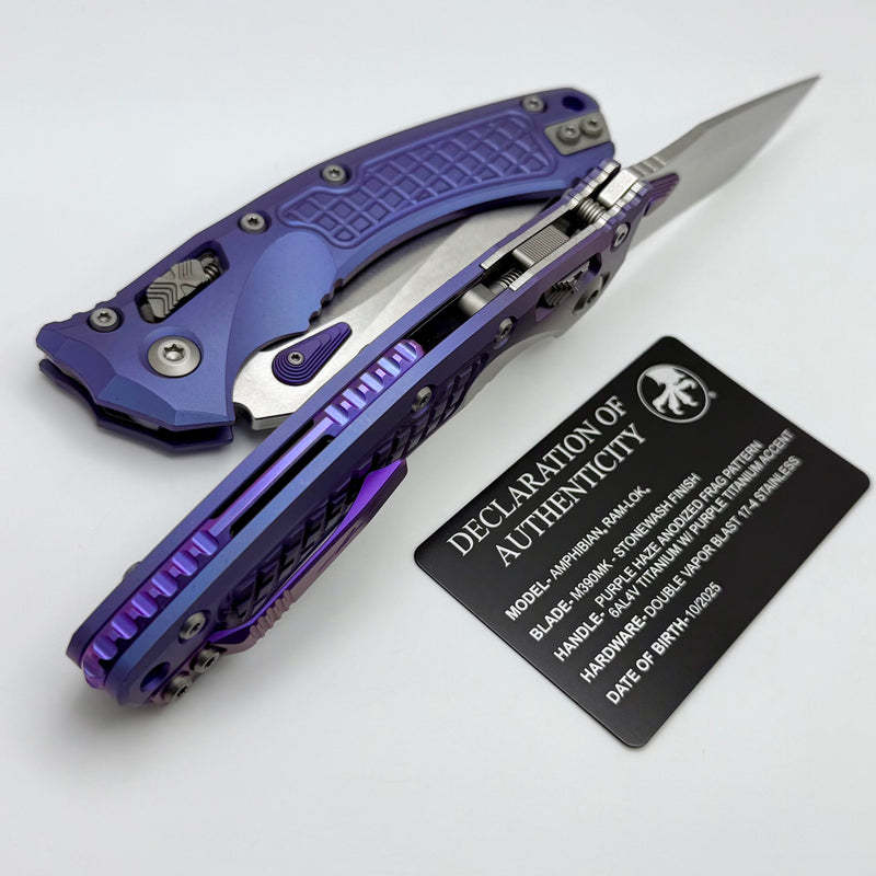 Microtech Marfione Select Amphibian RAM LOK Purple Haze Frag Titanium Handles & Stonewash M390MK w/ Double Vapor Blast & Purple Accents 137RL-10FRMS5