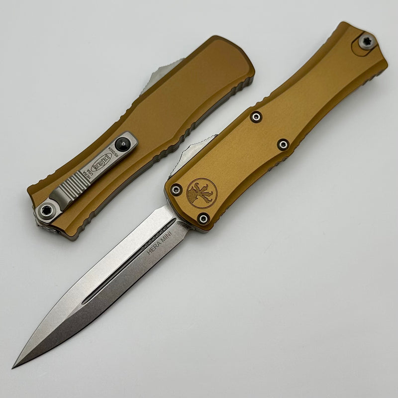 Microtech Knives Mini Hera Stonewash Double Edge M390MK w/ Tan Handle 1702M-10TA