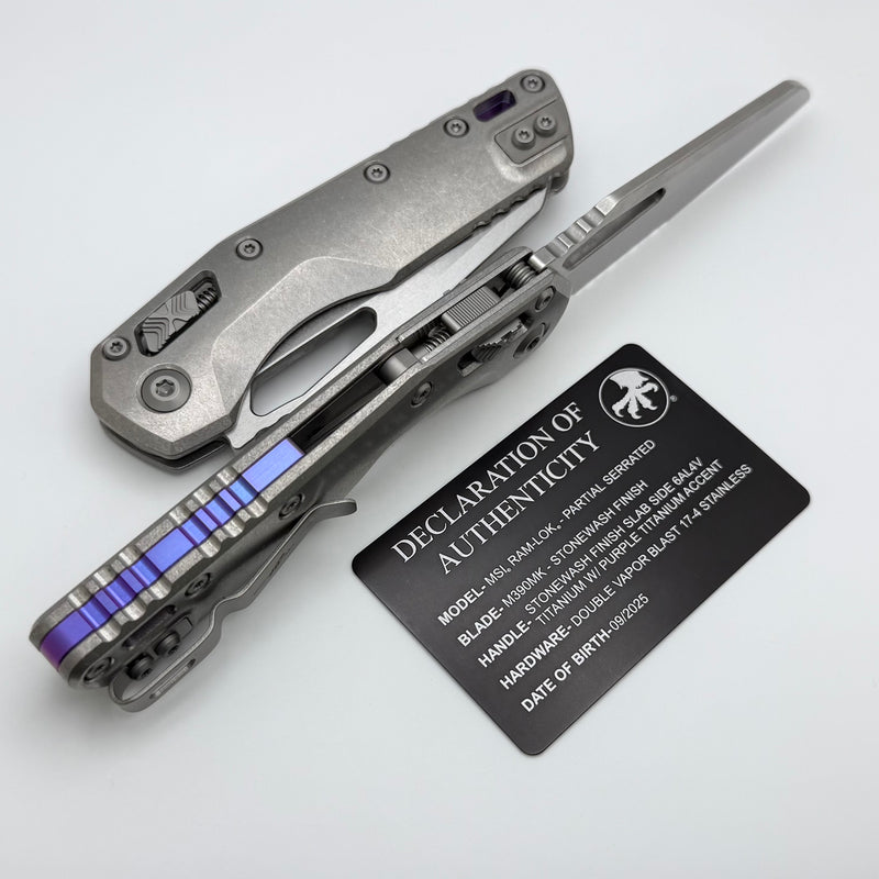 Microtech Marfione Select MSI RAM LOK Titanium Handles w/ Double Vapor Blast & Purple Accents & Part Serrated Stonewash M390MK 210-11MS3