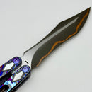 Poikilo Blade PM 1 Tanto Balisong Full Dress ZircuTi Handles w/ Mother of Pearl Inlays & Baker Forge Volcanic River