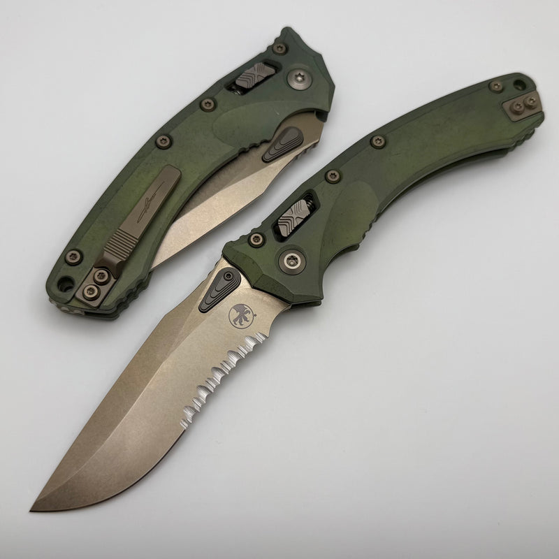 Microtech Marfione Select Amphibian RAM LOK Antique Green Slab Side Titanium Handles & Bronze Serrated M390MK & Bronzed Accents 137RL-14MS1