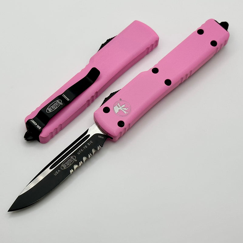 Microtech UTX-70 S/E Black Partial Serrated & Blasted Pink 148-2BPK