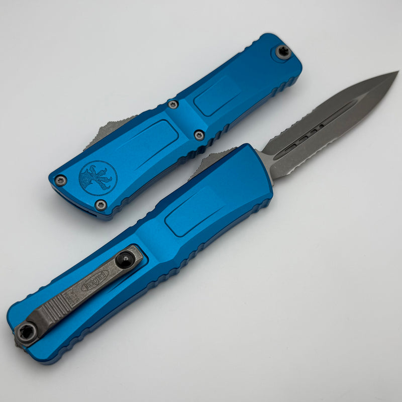 Microtech Knives Combat Troodon Gen III Apocalyptic Partial Serrated D/E w/ Blue Handle 1142-11APBL