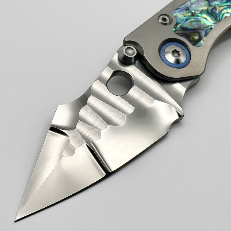 Marfione Custom Knives & Borka Blades Stitch w/ Diamond Wash Rocked Double Star Grind M390 & Abalone Inlaid Titanium