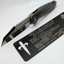 Pre Owned Marfione Custom Knives Warhound Stonewash Titanium w/ Deep Engraved Dagger Relief & Two Tone Stonewash Semi Mirror CTS-204P w/ Blue Accents