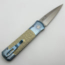 Pro-Tech Godson Light Blue Ti Bolsters & Chartreuse Jigged Ti w/ Pearl Button & Satin Blade 2025 Godson Custom 001