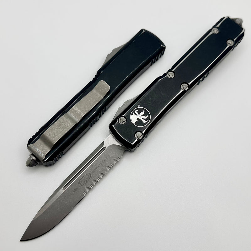 Distressed Microtech Microtech Ultratech S/E Apocalyptic Partial Serrated & Distressed Blac