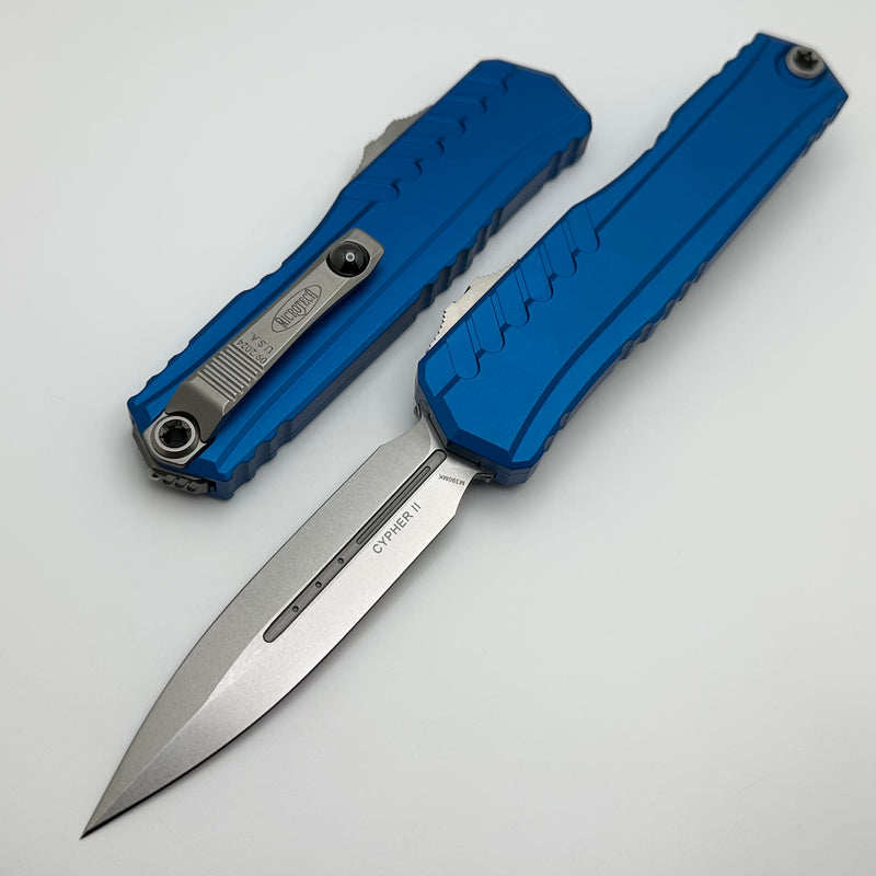 Microtech Cypher II D/E Stonewash w/ Blue Handle 1242-10BL