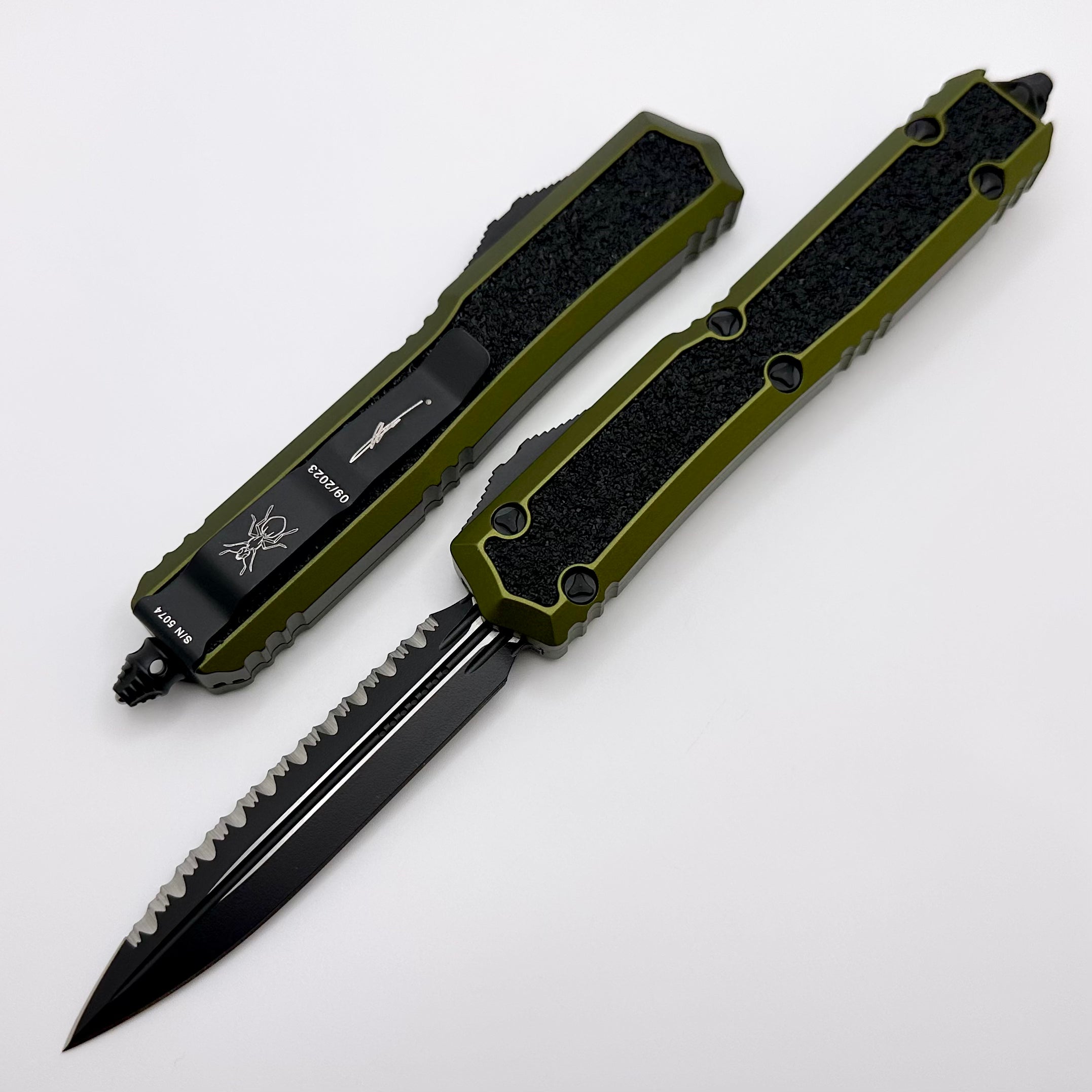 Microtech Makora OD Green & Black Double Edge Full Serrated Nickel Bor