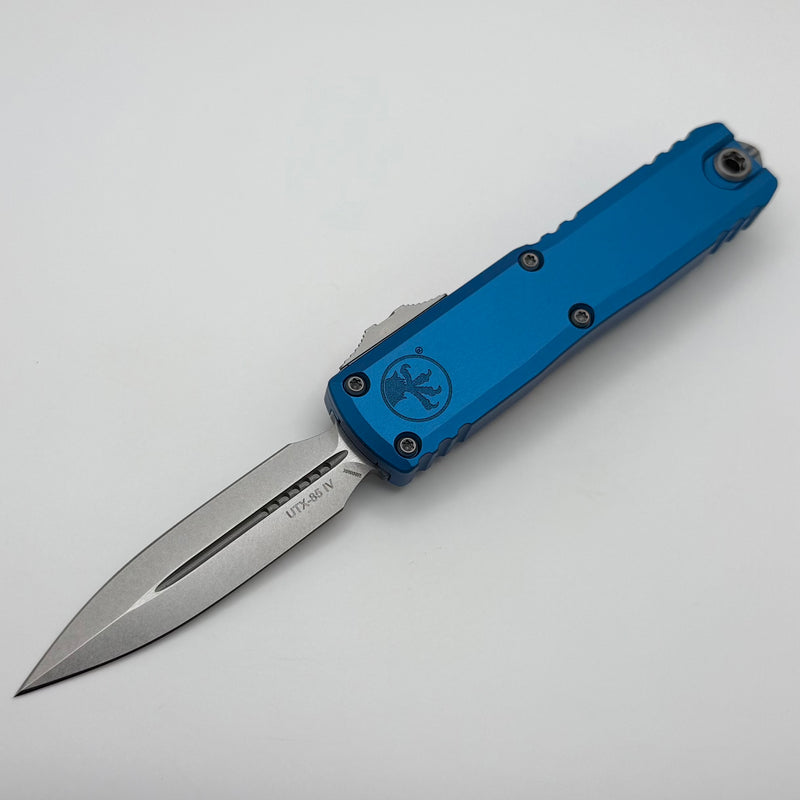 Grenade Blem Microtech UTX-85 Gen IV w/ Blue Handle & Stonewash D/E M390MK 12324-10BL