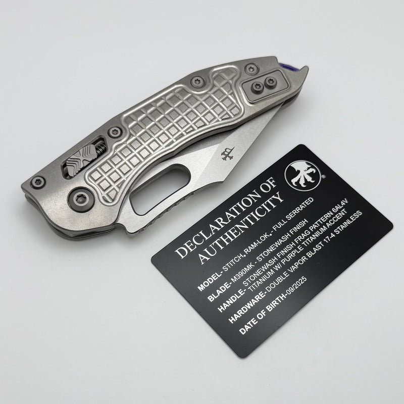Microtech Marfione Select Manual Stitch RAM LOK Titanium Frag Handles & Full Serrated Stonewash M390MK w/ Double Vapor Blast & Purple Accents 169RL-12FRMS3
