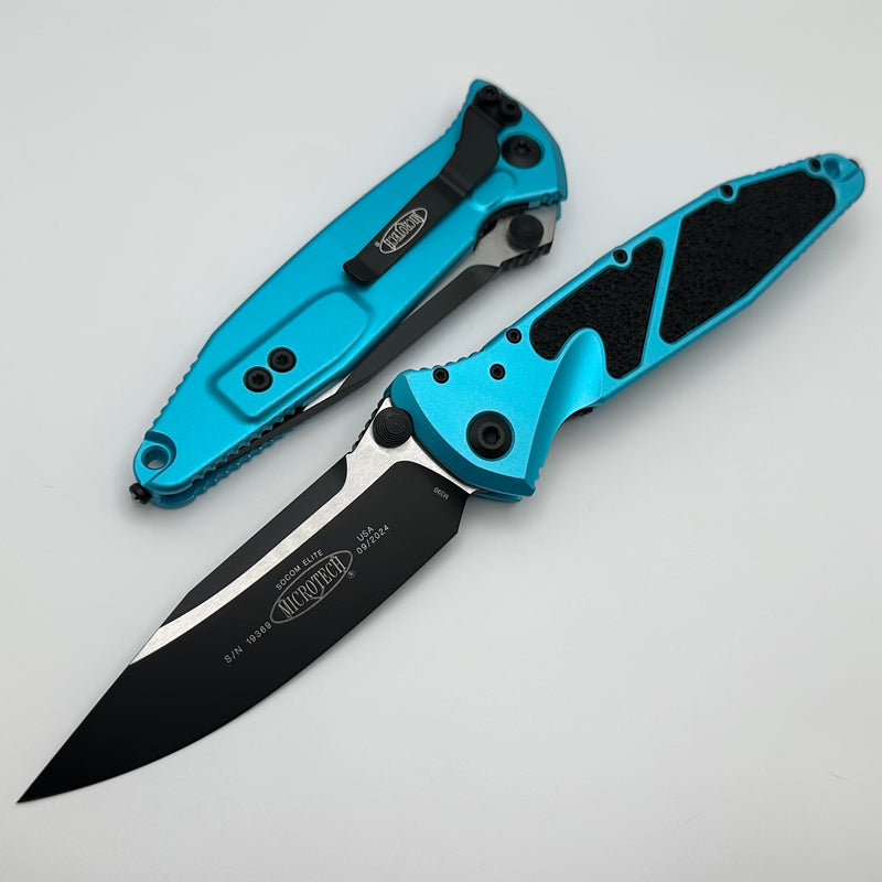 Microtech Socom Elite Manual Black Single Edge w/ Turquoise Handles 160-1TQ