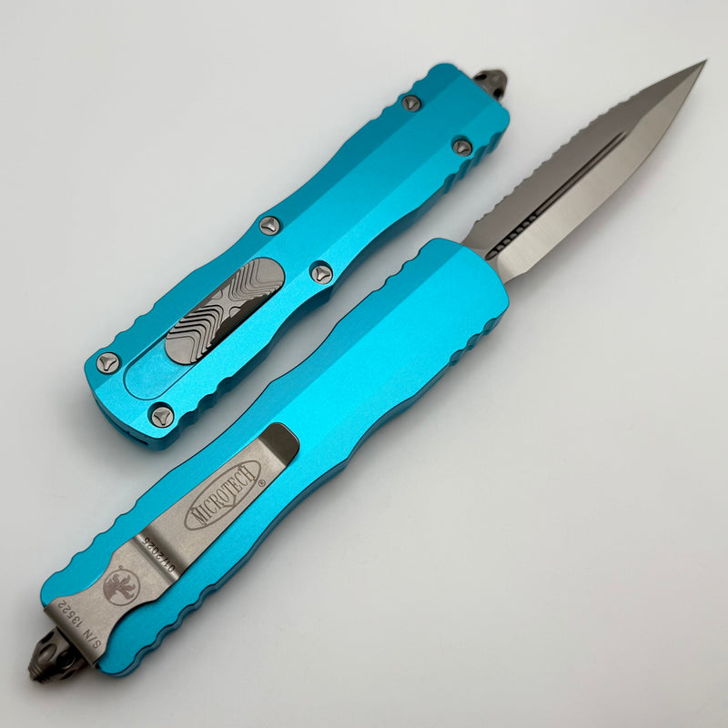 Microtech Dirac Delta D/E Satin Full Serrated w/ Turquoise Handle 227-6TQ