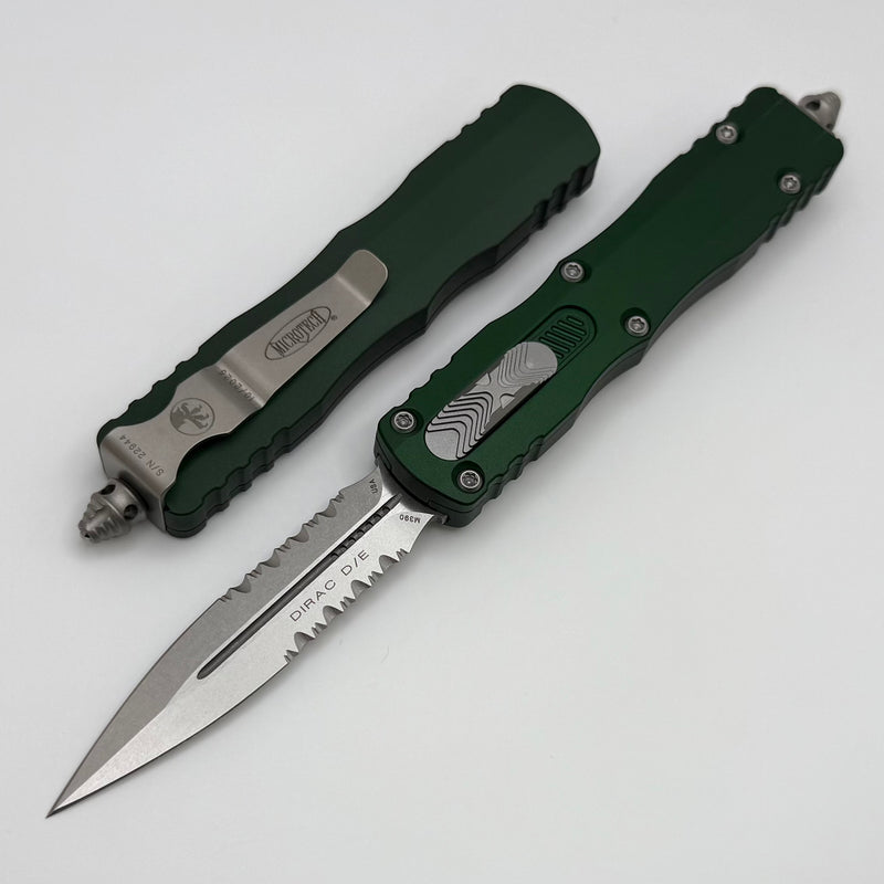 Microtech Dirac D/E Stonewash Standard Partial Serrated & Emerald Green 225-11EG