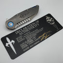 Pre Owned Marfione Custom Knives Warhound Stonewash Titanium w/ Deep Engraved Dagger Relief & Two Tone Stonewash Semi Mirror CTS-204P w/ Blue Accents