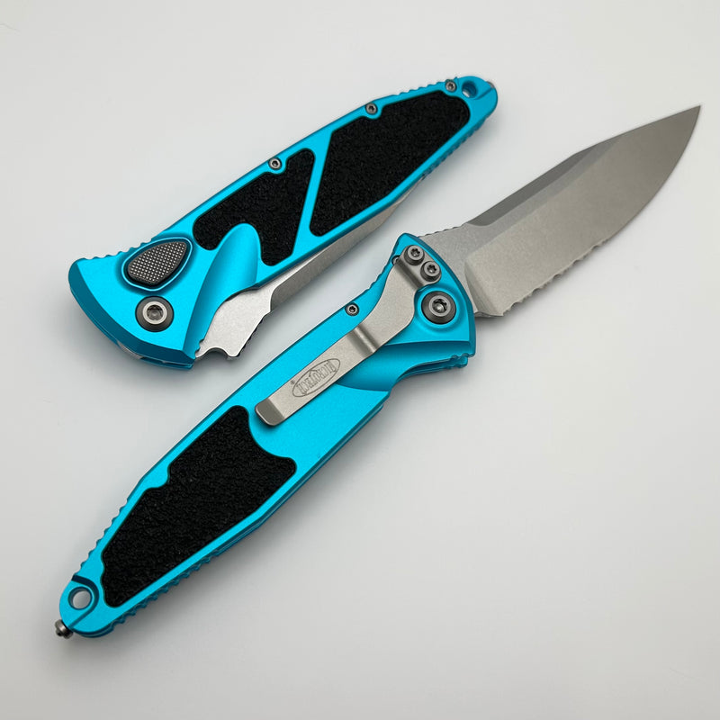 Microtech Socom Elite Auto Turquoise Handles w/ Stonewash Single Edge Partial Serrated 160A-11TQ