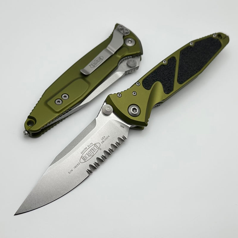 Microtech Socom Elite Manual Single Edge Partial Serrated Stonewash w/ Green Handle 160-11OD