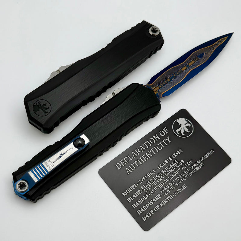 Microtech Marfione Select Cypher II Black w/ Tritium Inlaid Button & D/E Blued Baker Forge Copper-Mai 1242-16MS2