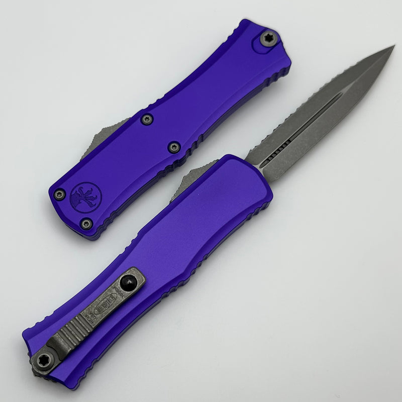 Microtech Knives Mini Hera Apocalyptic Full Serrated D/E M390MK w/ Purple Handle 1702M-12APPU