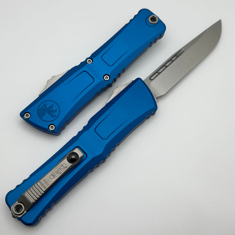 Microtech Knives Combat Troodon Gen III Stonewash Single Edge w/ Blue Handle 1143-10BL