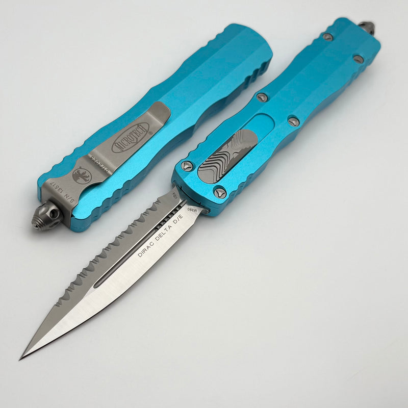 Microtech Dirac Delta D/E Satin Full Serrated w/ Turquoise Handle 227-6TQ