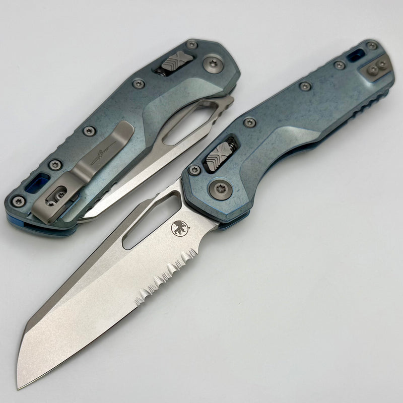 Microtech Marfione Select MSI RAM LOK Ice Blue Titanium Handles w/ Double Vapor Blast & Blue Accents & Part Serrated Stonewash M390MK 210-11MS6