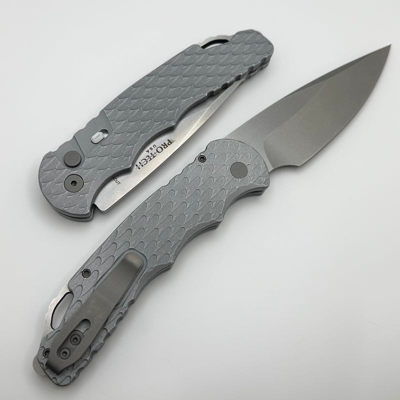 Pro-Tech TR-4 Auto Battleworn Gray Feather Handle w/ Safety & Stonewash MagnaCut T4105-F BW Grey