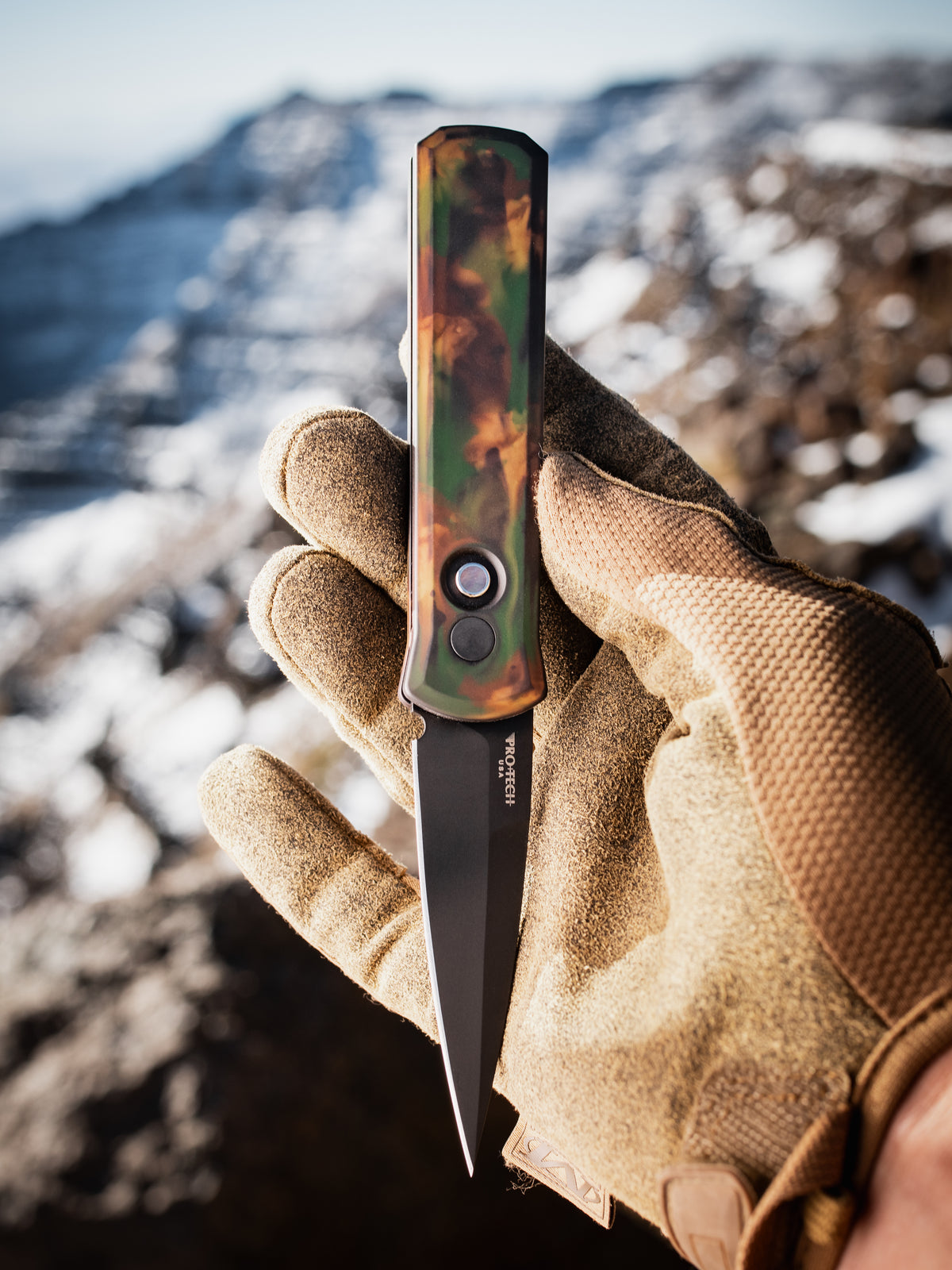 Pro-Tech Godson Left Handed w/ Woodland Camo Handle & Black 154-CM Bla