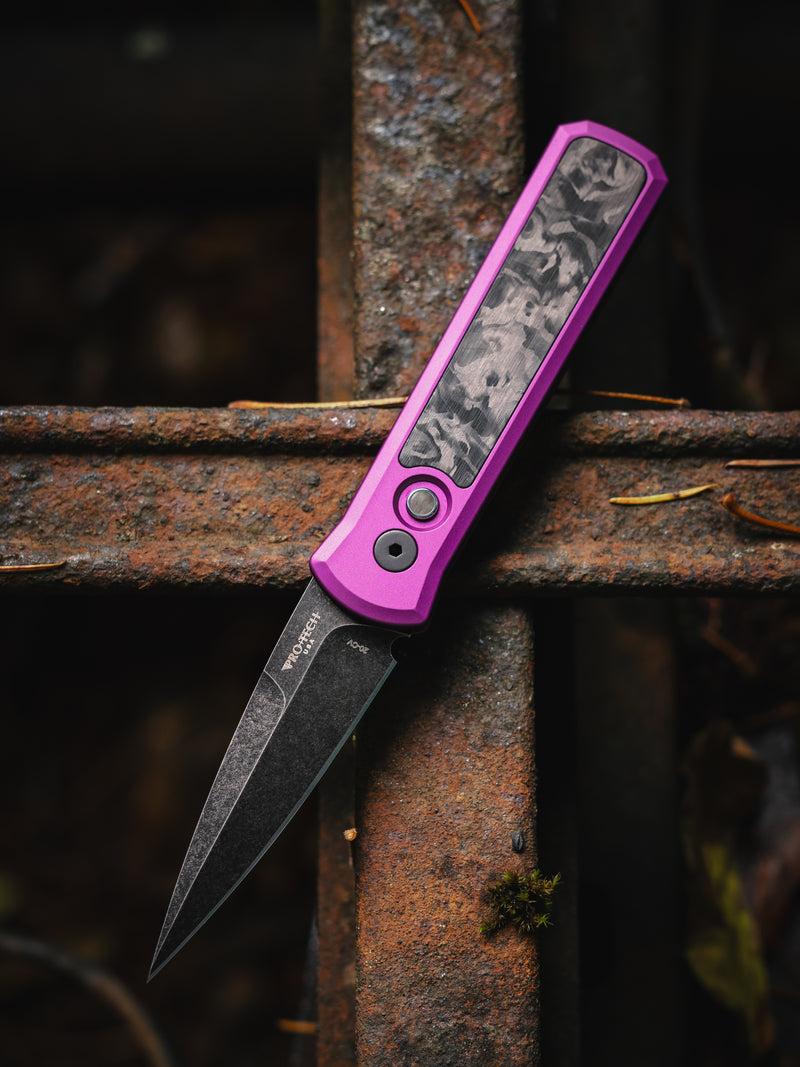 Pro-Tech Godson w/ Marble Carbon Fiber Inlaid Purple Handle & DLC Wash 20CV