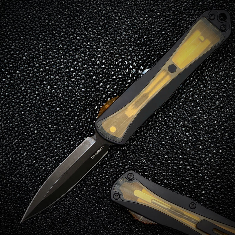 Heretic Knives Manticore E Black Handle w/ Ultem Inlays/Button & DLC MagnaCut Double Edge H028-6A-ULTEM