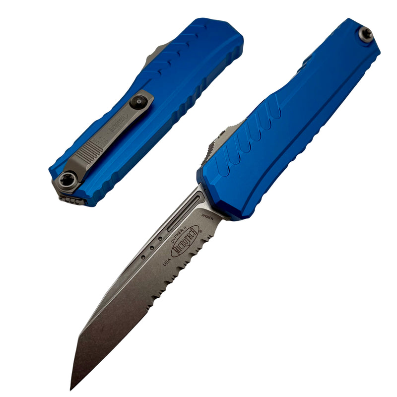 Microtech Cypher II S/E Partial Serrated Stonewash w/ Blue Handle 1241-11BL