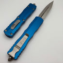 Microtech Dirac Delta D/E Satin Full Serrated w/ Blue Handle 227-6BL