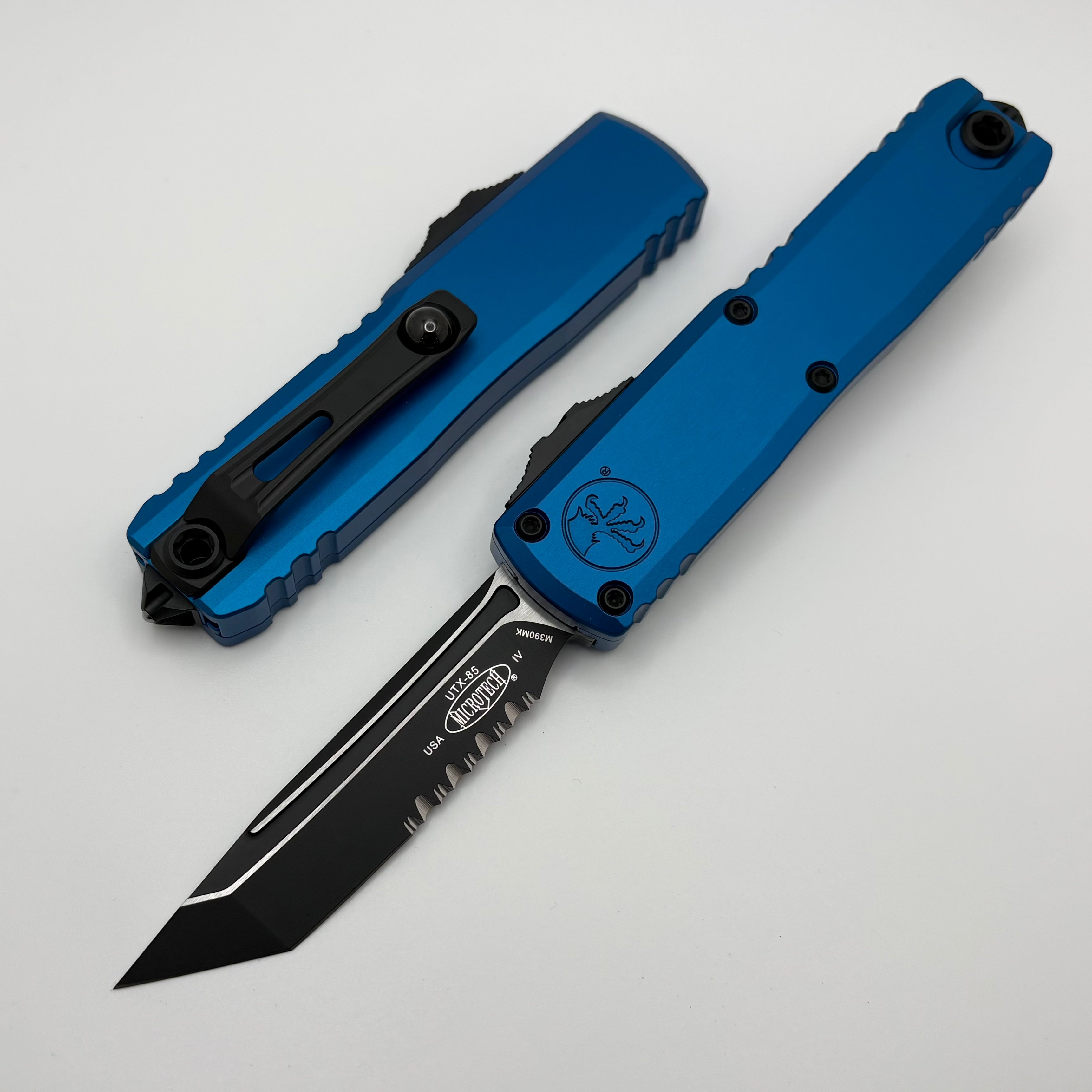Microtech UTX-85 Gen IV w/ Blue Handle & Black Part Serrated T/E M390M